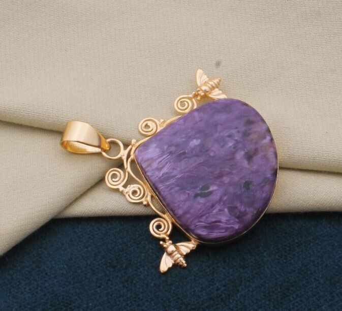 Charoite Pendant, Honey Bee Gemstone Pendant, 18K Gold Plated Pendant, Birthstone Pendant, Statement Pendant, Best Gift Idea