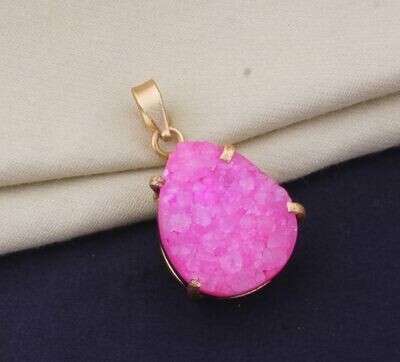 Raw Pink Druzy Gemstone Pendant, Electroplated Raw Pendant, Pear Shape Stone Crystal Necklace, Birthstone Gift Pendant, Raw Gemstone Pendant