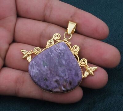 Charoite Pendant, Honey Bee Gemstone Pendant, 18K Gold Plated Pendant, Birthstone Pendant, Statement Pendant, Best Gift Idea