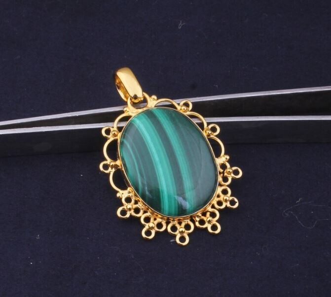 Malachite Oval Shape Gemstone Pendant, Vintage Malachite Stone Pendant, 22K Gold Plated Pendant, Birthstone Pendant, Statement Pendant Gift