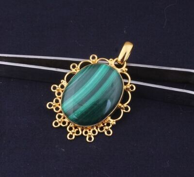 Malachite Oval Shape Gemstone Pendant, Vintage Malachite Stone Pendant, 22K Gold Plated Pendant, Birthstone Pendant, Statement Pendant Gift
