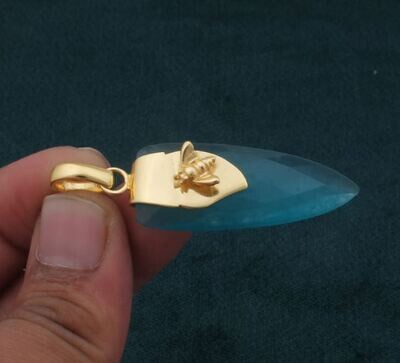 Dagger Apatite Blue Jade Pendant, 18K Gold Plated Honey Bee Pendant, Birthstone Pendant, Statement Brass Pendant Best Gift Idea For Her