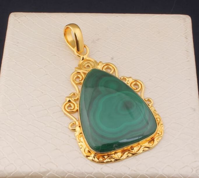Malachite Gemstone Pendant, Malachite Dagger Shape Stone Pendant, 22K Gold Plated Pendant, Birthstone Pendant, Statement Pendant, Best Gift