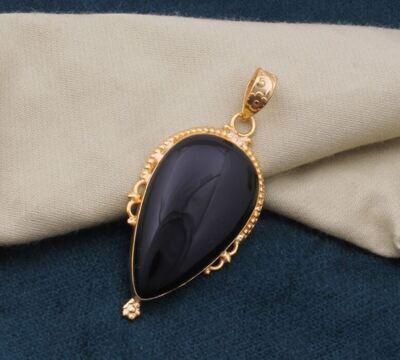 Black Onyx Gemstone Pendant, Onyx Pear Shape Stone Pendant, 18K Gold Plated Pendant, Birthstone Pendant, Statement Pendant, Best Gift Idea