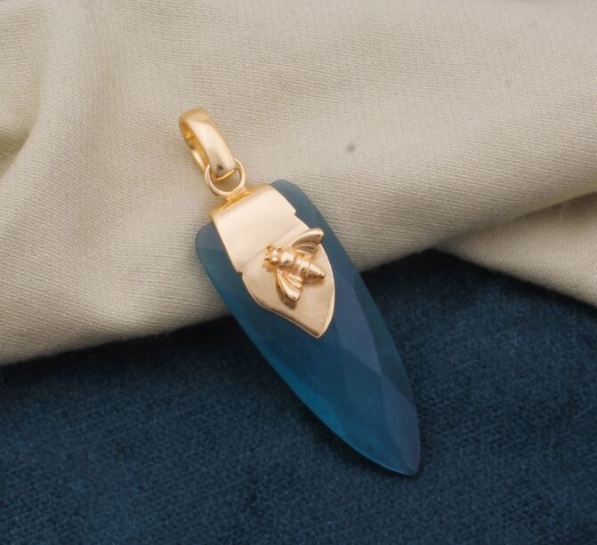 Dagger Apatite Blue Jade Pendant, 18K Gold Plated Honey Bee Pendant, Birthstone Pendant, Statement Brass Pendant Best Gift Idea For Her