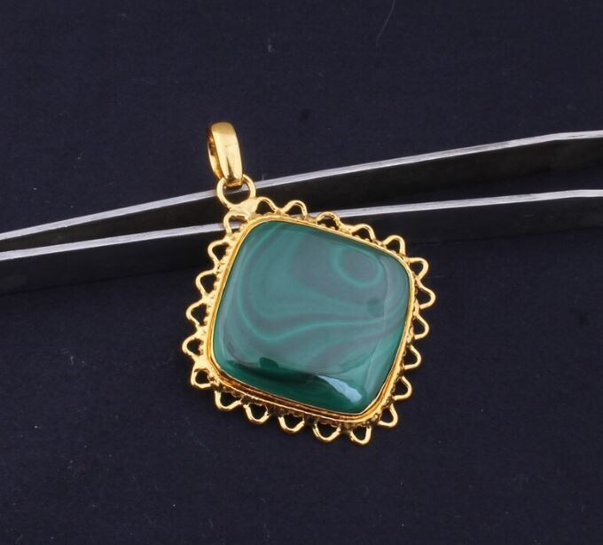 Vintage Malachite Stone Pendant, Malachite Cushion Shape Stone Pendant, 22K Gold Plated Pendant, Birthstone Pendant, Statement Pendant Gift