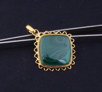 Vintage Malachite Stone Pendant, Malachite Cushion Shape Stone Pendant, 22K Gold Plated Pendant, Birthstone Pendant, Statement Pendant Gift
