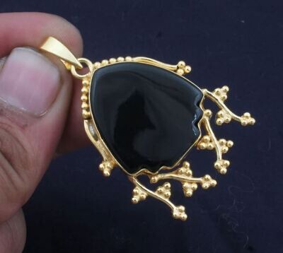 Black Onyx Gemstone Pendant, 18K Gold Plated Pendant, Black Onyx Birthstone Pendant, Statement Brass Pendant Best Gift For Women