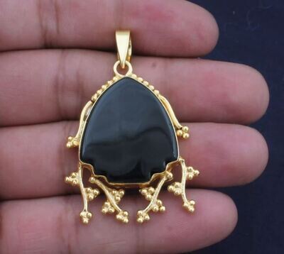 Black Onyx Gemstone Pendant, 18K Gold Plated Pendant, Black Onyx Birthstone Pendant, Statement Brass Pendant Best Gift For Women