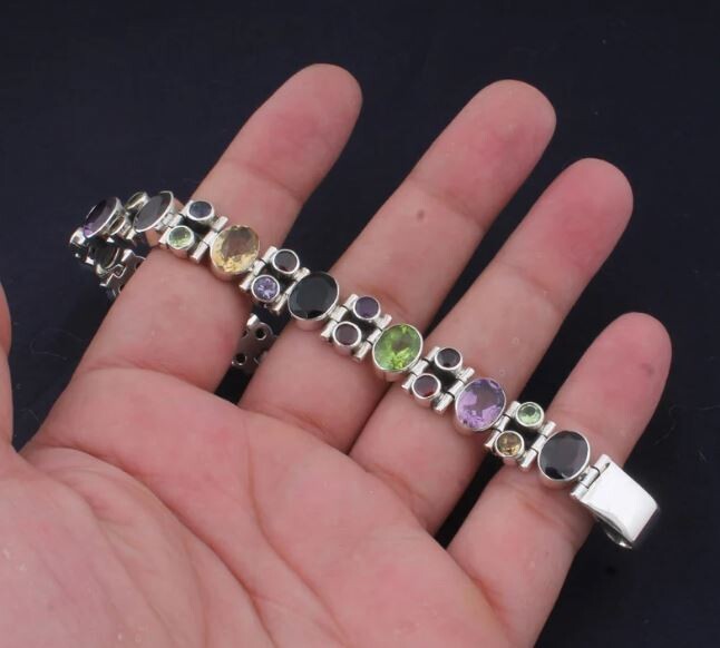 Multi Gemstone's Silver Bracelet, 925 Sterling Silver Adjustable Bracelet Handmade Bracelet For Gift Gemstone Jewelry Birthstone Gift Idea