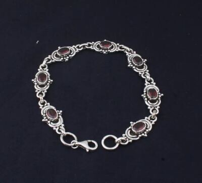 Solid 925 Sterling Silver Natural Red Garnet Seven Gemstones Bracelet For Women, Handmade Oval Cut Stone Bohemian Bracelet Gift Idea For Her