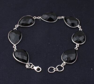 Solid 925 Sterling Silver Faceted Black Onyx Seven Gemstones Adjustable Bracelet For Women, Handmade Pear Bezel Set Dainty Bracelet Gifts