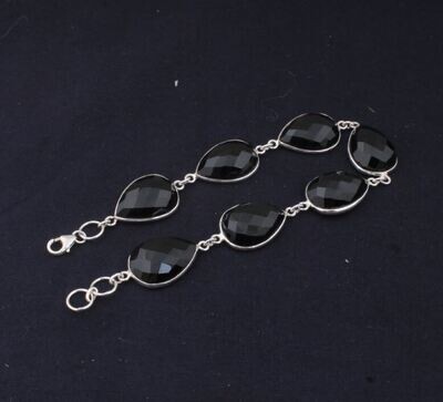 Solid 925 Sterling Silver Faceted Black Onyx Seven Gemstones Adjustable Bracelet For Women, Handmade Pear Bezel Set Dainty Bracelet Gifts