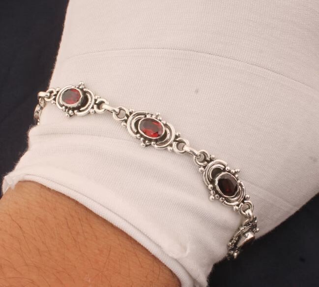 Solid 925 Sterling Silver Natural Red Garnet Seven Gemstones Bracelet For Women, Handmade Oval Cut Stone Bohemian Bracelet Gift Idea For Her