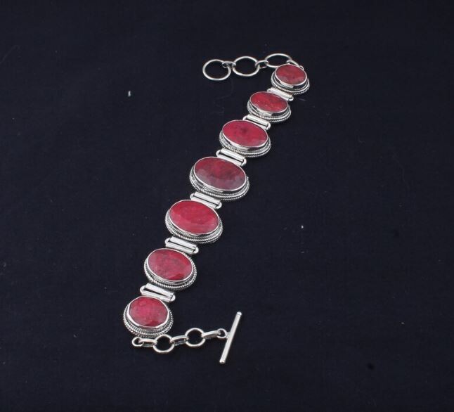 Solid 925 Sterling Silver Corundum Ruby Gemstones Adjustable Toggle Bracelet For Men Women, Handmade Oval Cut Bohemian Bracelet Gifts Idea
