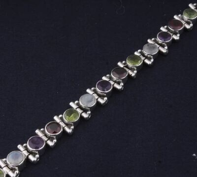 Solid 925 Sterling Silver Natural Multi Gemstones Bracelet For Women, Handmade Round Cut Stone Bohemian Bracelet Birthstone Gifts For Her