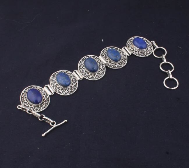Solid 925 Sterling Silver Natural Lapis Lazuli Gemstones Adjustable Toggle Bracelet For Men Women, Handmade Oval Engraved Ethnic Bracelet