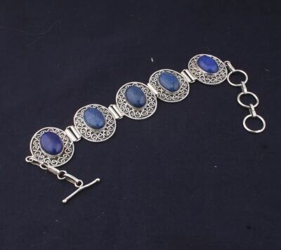 Solid 925 Sterling Silver Natural Lapis Lazuli Gemstones Adjustable Toggle Bracelet For Men Women, Handmade Oval Engraved Ethnic Bracelet