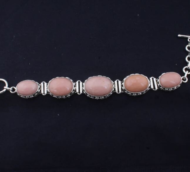 Solid 925 Sterling Silver Boho Natural Pink Opal Gemstones Adjustable Toggle Bracelet For Men Women, Handmade Oval Twisted Spiral Bracelet