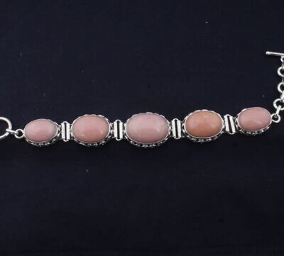 Solid 925 Sterling Silver Boho Natural Pink Opal Gemstones Adjustable Toggle Bracelet For Men Women, Handmade Oval Twisted Spiral Bracelet