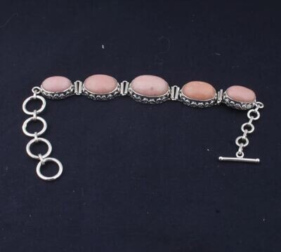 Solid 925 Sterling Silver Boho Natural Pink Opal Gemstones Adjustable Toggle Bracelet For Men Women, Handmade Oval Twisted Spiral Bracelet