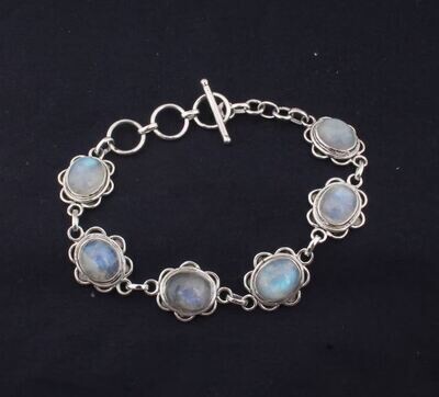 Solid 925 Sterling Silver Natural Rainbow Moonstone Gemstones Bracelet For Women, Handmade Oval Bohemian Bracelet Birthstone Gifts For Her