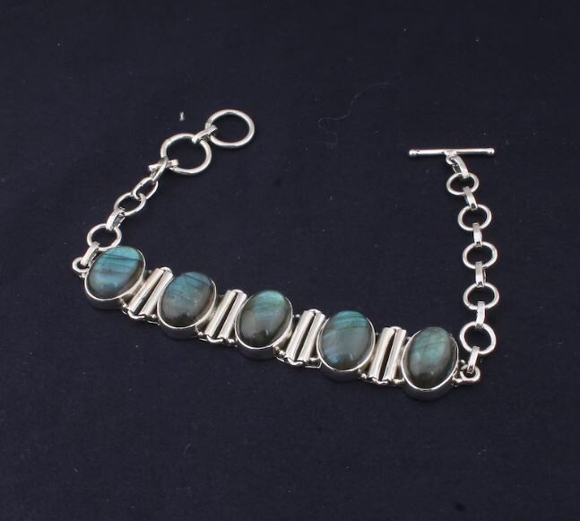 Solid 925 Sterling Silver Natural Labradorite Gemstones Adjustable Toggle Bracelet For Men Women, Handmade Oval Bohemian Bracelet Gifts Idea