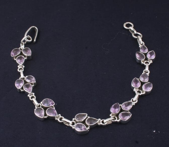 Solid 925 Sterling Silver Natural Amethyst Gemstones Bracelet For Women, Handmade Pear Cut Stone Bohemian Bracelet Birthstone Gifts For Her