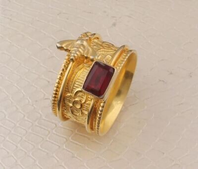 Honey Bee Ring Garnet Emerald Cut Gemstone January Birthstone Gold plated Brass Band Ring, Handmade Stone Meditation Band Anxiety Ring Gift