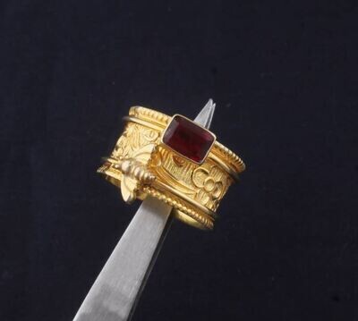 Honey Bee Ring Garnet Emerald Cut Gemstone January Birthstone Gold plated Brass Band Ring, Handmade Stone Meditation Band Anxiety Ring Gift