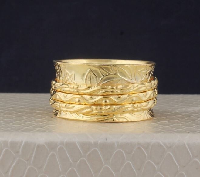 Engraved Band Spinner Ring For Wedding, Gold Plated Ring, Handmade 14kt Gold, Rose Gold &amp; Sterling Silver Anxiety Ring Gifts For Her Jewelry