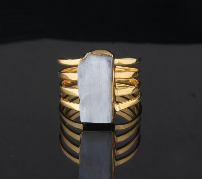 Raw Rainbow Moonstone Four Layer's 14kt Gold Plated Brass Ring For Men Women, Handmade Rough Gemstone Gold Ring For Her Blue Flashy Ring