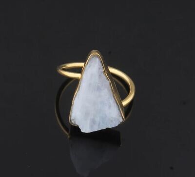 Raw Rainbow Moonstone 14kt Gold Plated Brass Ring For Men Women, Handmade Rough Gemstone Gold Ring Gifts For Her Blue Flashy Gemstone Ring