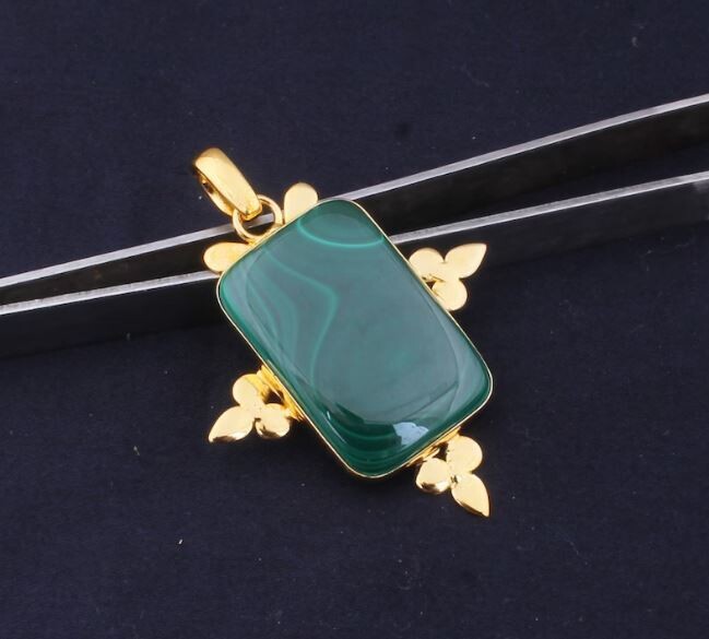 Malachite Gemstone Pendant, Malachite Rectangle Bar Shape Stone Pendant, 14K Gold Plated Pendant, Birthstone Pendant, Statement Pendant Gift