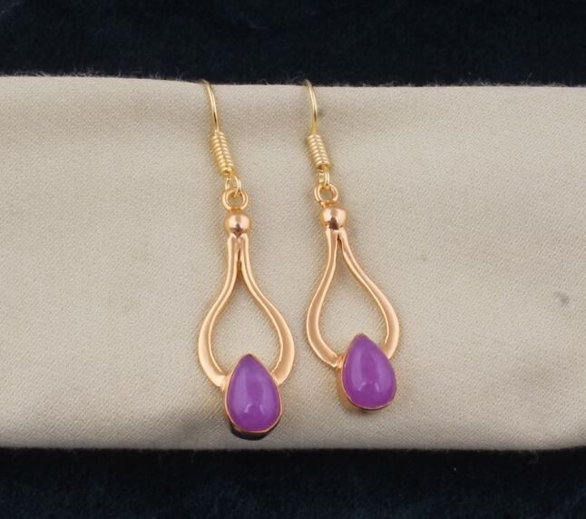 Purple Jade 14k Gold Plated For Women, Jade Gemstone Earring For Her, Gold Plated Brass Earring, Handmade Earrings For Women Jewelry under30