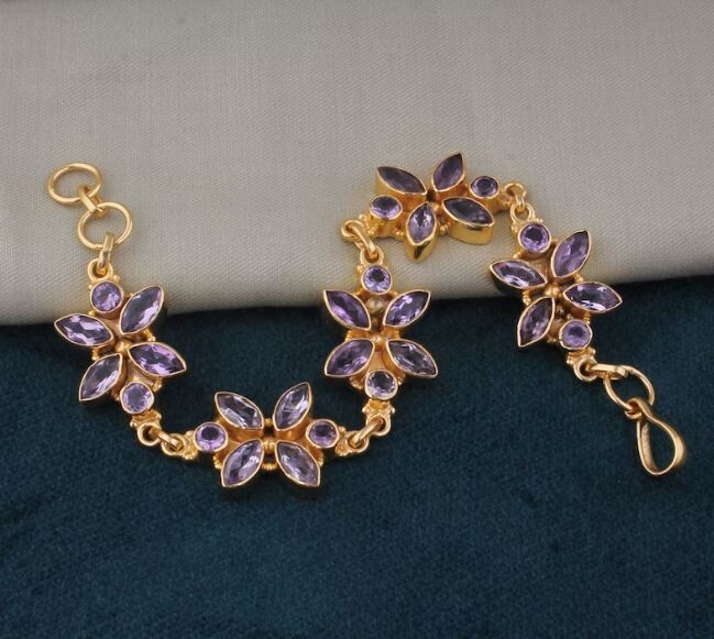 14K Gold Plated Brass Bracelet, Amethyst Gemstones Bracelet For Women, Handmade Marquise Cut Stone Bohemian Bracelet Birthstone Gifts Her