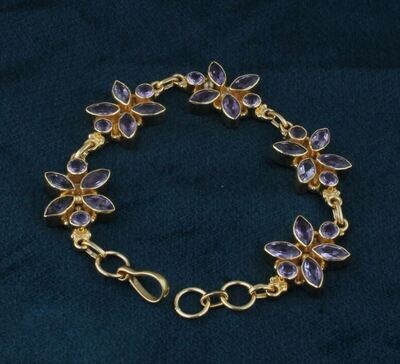 14K Gold Plated Brass Bracelet, Amethyst Gemstones Bracelet For Women, Handmade Marquise Cut Stone Bohemian Bracelet Birthstone Gifts Her