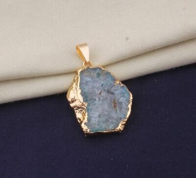 14k Gold Electroplated Raw Pendant, Aqua Soler Quartz Gemstone Pendant, Raw Crystal Necklace, Birthstone Gift Pendant, Raw Gemstone Pendant