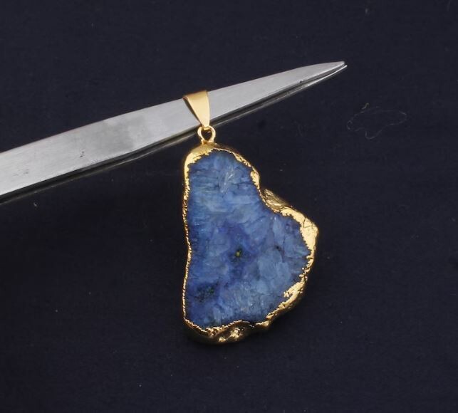 Electroplated Raw Quartz Pendant, Raw Crystal Necklace, Blue Soler Quartz Gemstone Pendant, Birthstone Gift Pendant, Raw Gemstone Pendant