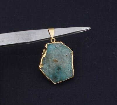 14k Gold Electroplated Raw Pendant, Aqua Soler Quartz Gemstone Pendant, Raw Crystal Necklace, Birthstone Gift Pendant, Raw Gemstone Pendant