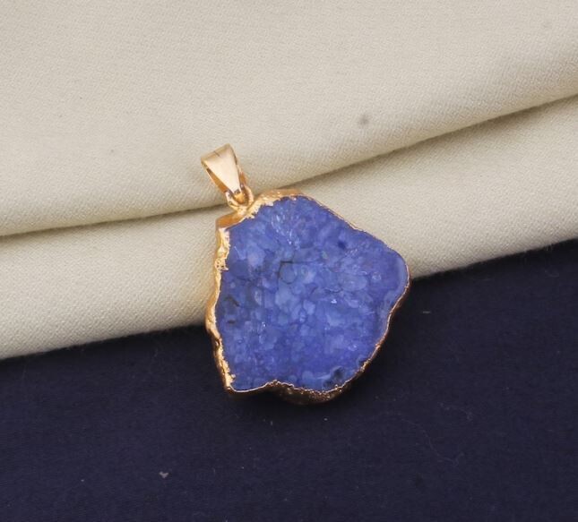 Blue Soler Quartz Gemstone Pendant, Electroplated Raw Pendant, Raw Crystal Necklace, Birthstone Gift Pendant, Raw Gemstone Pendant