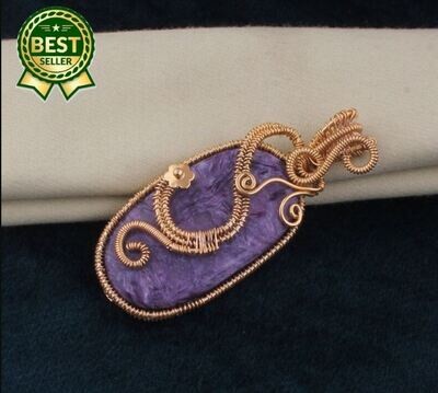 Charoite14k Gold Plated Wire Wrapped Wedding Necklace Pendant For Women, Handmade Charoite Oval Gemstone Gold Pendant Gifts For Her Jewelry