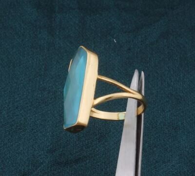 14kt Gold Plated Brass Aqua Chalcedony Faceted Cut Stone Statement Ring For Women, Handmade Gemstone Gold Ring Gifts For Jewelry Wedding