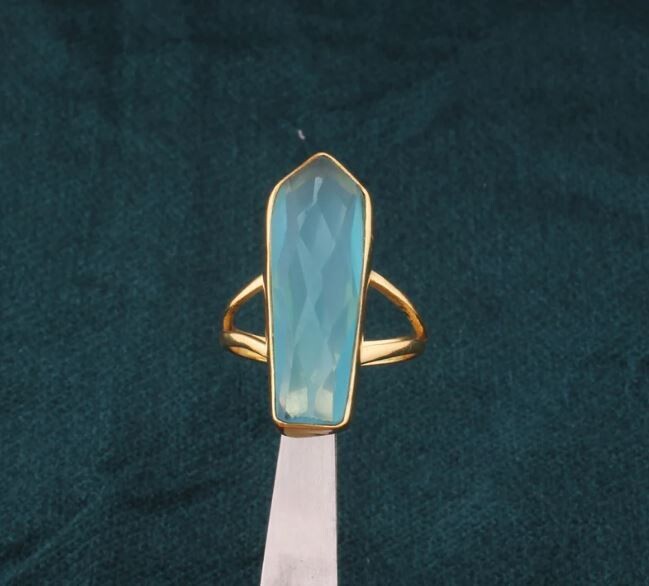 14kt Gold Plated Brass Aqua Chalcedony Faceted Cut Stone Statement Ring For Women, Handmade Gemstone Gold Ring Gifts For Jewelry Wedding