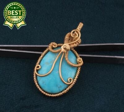 14k Gold Plated Wire Wrapped Tibetan Turquoise Wedding Necklace Pendant For Women, Handmade Oval Gemstone Gold Pendant Gifts For Her Jewelry
