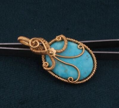 14k Gold Plated Wire Wrapped Tibetan Turquoise Wedding Necklace Pendant For Women, Handmade Oval Gemstone Gold Pendant Gifts For Her Jewelry