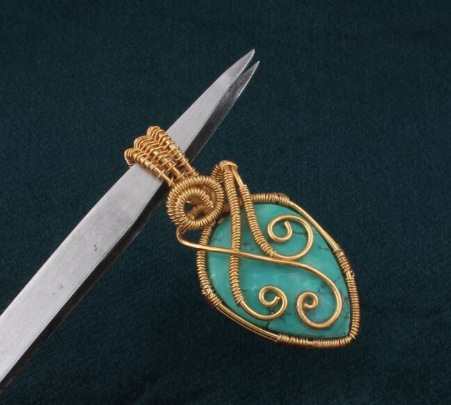 14k Gold Plated Wire Wrapped Tibetan Turquoise Wedding Necklace Pendant For Women, Handmade Pear Gemstone Gold Pendant Gifts For Her Jewelry