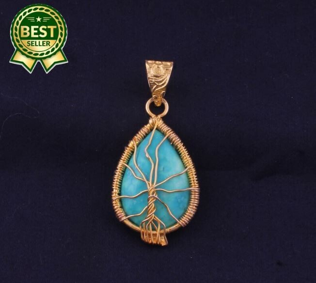 14k Gold Plated Wire Wrapped Tibetan Turquoise Wedding Necklace Pendant For Women, Handmade Pear Gemstone Gold Pendant Gifts For Her Jewelry