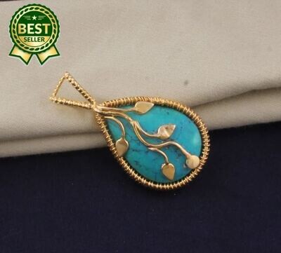 14k Gold Plated Wire Wrapped Tibetan Turquoise Wedding Necklace Pendant For Women, Handmade Pear Gemstone Gold Pendant Gifts For Her Jewelry