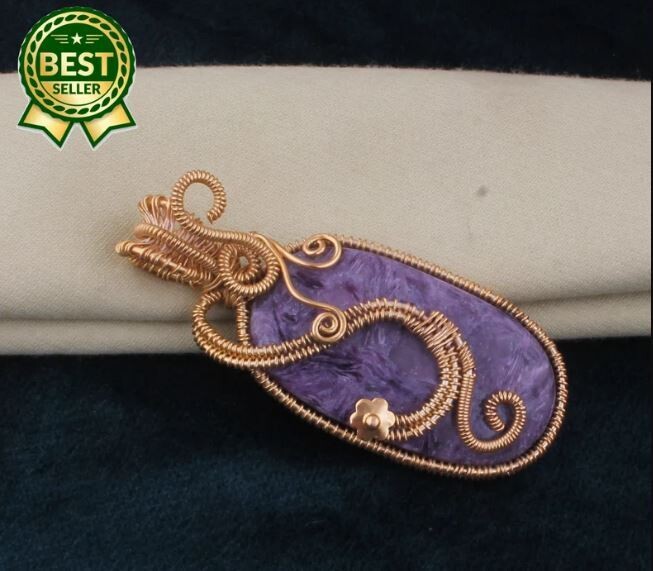 Charoite14k Gold Plated Wire Wrapped Wedding Necklace Pendant For Women, Handmade Charoite Oval Gemstone Gold Pendant Gifts For Her Jewelry